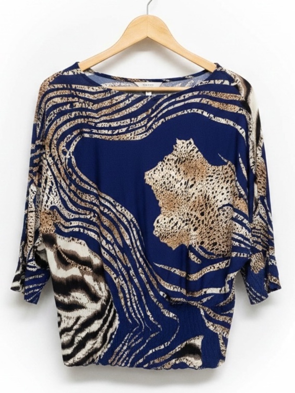 QED London Blue Animal Print Dolman Sleeve Smocked Waist Top Size M